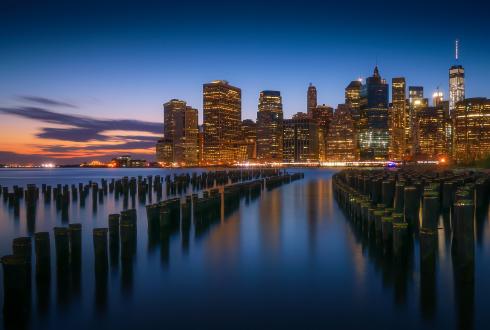 Wooden Pillars in the Water in Brooklyn Bridge Park